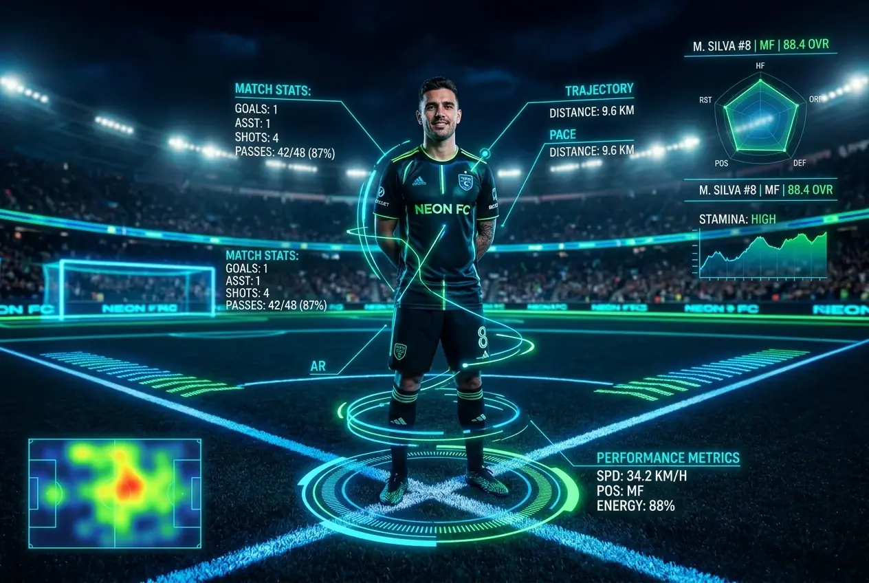 Visualización analítica de un jugador de fútbol corriendo sobre el campo con gráficos superpuestos que detallan potencia de tiro de 84 kilómetros por hora y mapa de calor de posesión